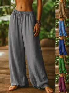 Women Casual Cotton Wide Leg Pants Elastic Waist Drawstring Straight Trousers With Pockets Solid Color Loose Fit Bottoms