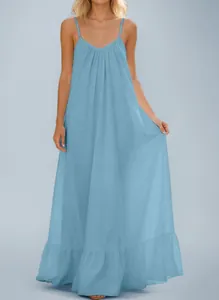 Elegant light blue sleeveless maxi dress with spaghetti straps and a ruffled hem detail.