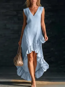 Elegant light blue cotton linen V-neck sleeveless dress with ruffled high-low hem