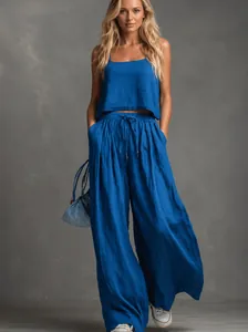 Γυναικείο Casual Καλοκαιρινό Top And Bottom Αμάνικο Γιλέκο και Παντελόνα με Φαρδύ Μπατζάκι από Πολυεστέρα Σπάντεξ Υφαντή Υφή