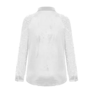 Detailed back view of white velvet long-sleeved shirt with elegant sequined sleeve splicing