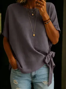 Casual short-sleeve purple-gray t-shirt with stylish side tie knot and loose fit