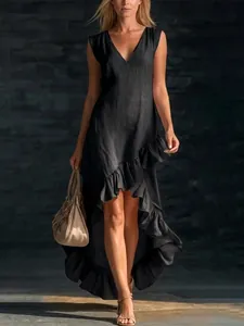 Elegant black sleeveless V-neck linen dress featuring a romantic ruffled high-low hem