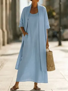 Elegant light blue loose linen cotton two-piece maxi dress set with cardigan for women