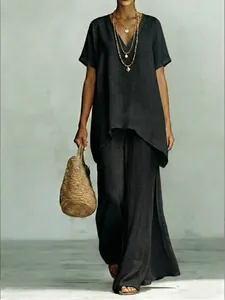 Elegant charcoal black V-neck short sleeve tunic and wide leg pants linen set for women