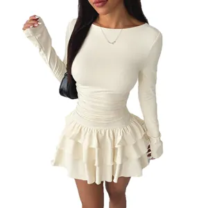 Elegant off-white long sleeve slim fit mini dress with ruffled tiered skirt design