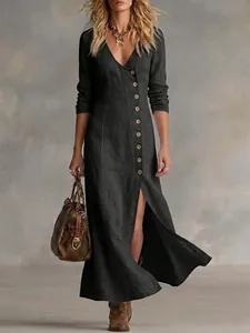 Full view detail of a charcoal gray cotton-linen maxi dress with v-neck and front buttons