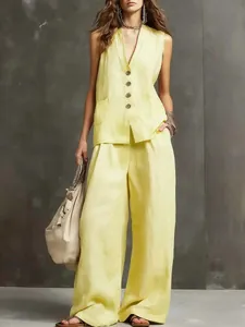 Stylish women's yellow cotton linen sleeveless vest and wide leg pants two piece set