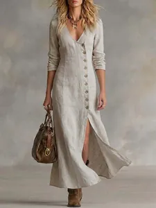 Elegant beige cotton linen maxi dress with long sleeves and buttons for spring and summer