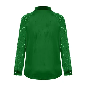Back view detail of a women's green long-sleeved velvet shirt with elegant sequin sleeves