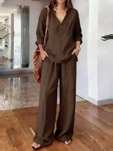 Casual brown women's two-piece set featuring long sleeve top and loose wide-leg pants