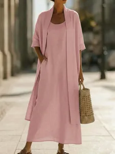 Detailed view of a pink loose cotton linen two-piece maxi dress set for elegant women