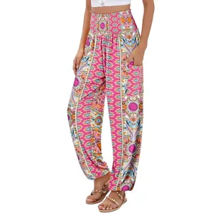Pantalon sarouel bohème à taille haute pour femme avec imprimé paisley rose vif et moderne