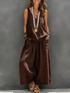 Women's solid brown cotton linen sleeveless top and wide-leg pants set style detail