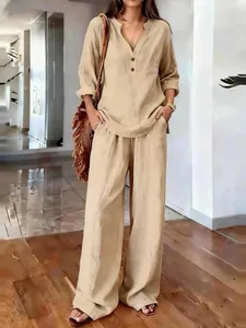 Women's casual two-piece set featuring a V-neck long sleeve top and wide-leg trousers