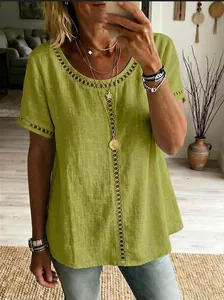Casual lime green linen t-shirt with hollow lace embroidery for women in summer