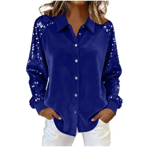 Elegant women's dark blue velvet shirt featuring sparkling sequined sleeves and buttons