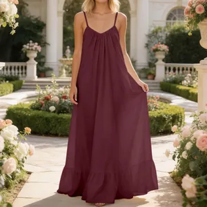 Elegant burgundy sleeveless v-neck maxi dress for summer in a beautiful garden setting