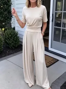 Women's Summer Casual Two Piece Set Viscose Spandex Short Sleeve Crew Neck T-Shirt And Wide Leg Pants Top And Bottom Set