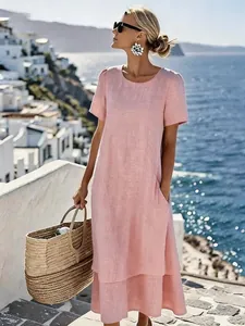 Elegant pink double-layered round neck short sleeve midi holiday dress for women