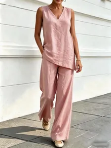 Elegant pink women's two-piece set featuring V-neck sleeveless linen top and wide-leg pants