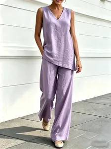 Elegant lavender cotton linen two-piece set with V-neck sleeveless top and wide-leg pants
