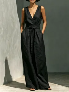 Elegant black linen sleeveless V-neck top and high-waisted wide-leg pants fashion summer set