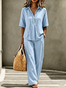 Dames Casual Polyester Elastaan Polokraag Korte Mouw Top And Bottom Set Losse Broek met Wijde Pijpen Elegante Outfit