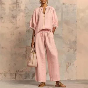 Women Casual Round Neck Zipper Top And Wide Leg Pants Set Polyester Spandex Woven Summer Loose Solid Color Outfit