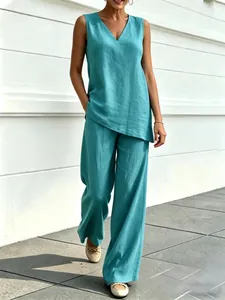 Women V-Neck Sleeveless Polyester Top And Bottom Casual Wide Leg Pants Two-Piece Lounge Outfit Elegant Linen Texture Solid Color Clothes For Summer