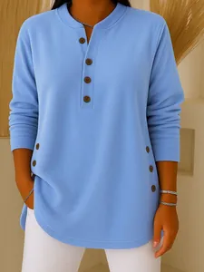 Women Long Sleeve V Neck Knitted Top Button Decor Solid Color Casual Spandex T-Shirt Slim Fit Elegant Henley Top