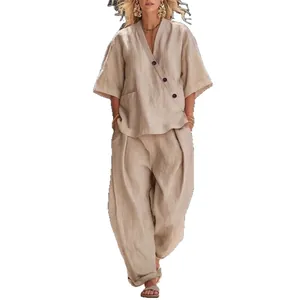 Casual beige women's linen two-piece set with V-neck loose top and high waist pants.