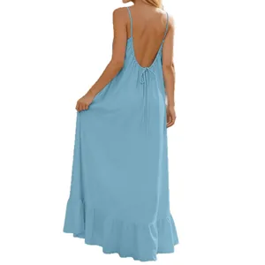 Elegant summer sexy backless spaghetti strap solid color maxi dress for women's fashion