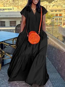 Women Plus Size Summer Tiered Maxi Dress Loose Deep V-Neck Flare Short Sleeve Solid Color Casual Vacation Beach Party Dress
