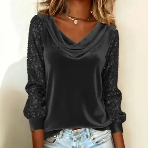 Elegant black velvet long sleeve top with cowl neck and sequined sleeves for women