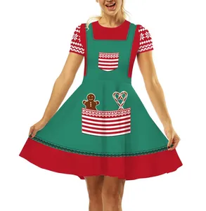 Close-up of a festive Christmas A-line dress featuring a 3D gingerbread digital print