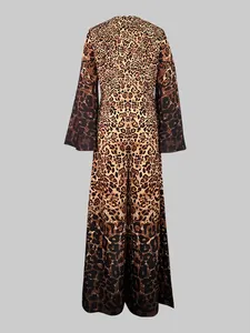 Back view of an elegant leopard print long sleeve jumpsuit with stylish flare sleeves