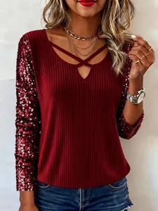 Dames Pailletten Patchwork Lange Mouw V-hals Top Geribbelde Gebreide Criss Cross Bandjes Slim Fit T-Shirt Party Mode Top