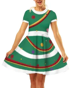 Detailed view of women's 3D digital print Christmas tree pattern holiday A-line dress