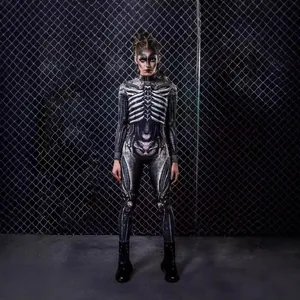 Women's gothic Halloween bodysuit featuring detailed human skeleton bone print