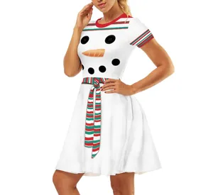 Detailed view of white Christmas snowman print dress with festive red and green accents