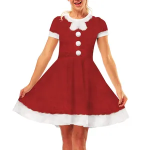 Festive women's Christmas holiday 3D digital print high waist flared swing dress red