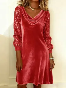 Elegant red velvet dress with sparkling sequin long sleeves for party and evening events.