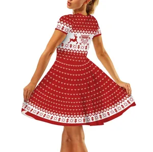 Detailed back view of a festive red Christmas dress featuring reindeer patterns and high waist