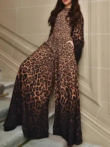 Full-body view of a stylish leopard print wide-leg jumpsuit with long flare sleeves