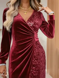 Elegant burgundy velvet V-neck bodycon dress with shimmering sequin side panels