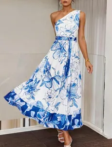 Elegant one-shoulder blue floral maxi dress with a matching belt for summer vacations