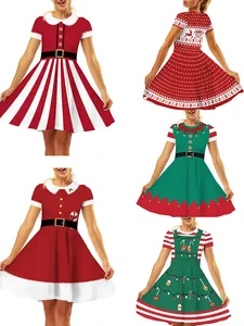 Women's Christmas 3D Digital Print Dress High Waist Slim Fit Santa Elf Snowman Pattern Short Sleeve Party Mini Dress