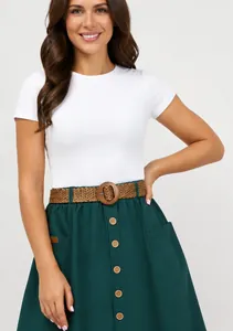 Close-up view of a stylish green A-line midi skirt with buttons and woven belt