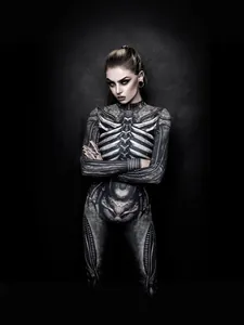 Women's Halloween Skeleton Print Jumpsuit Gothic Style Long Sleeve Bodycon Romper Cosplay Party Costume Slim Fit Bodysuit
